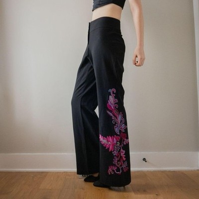 Vintage Y2K CACHE Black Pink and Teal Embroidery Fairy Whimsigoth Boho Pants