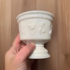 Milk Glass Footed Sherbet Cup Ivy/Raised Heart Design Vintage