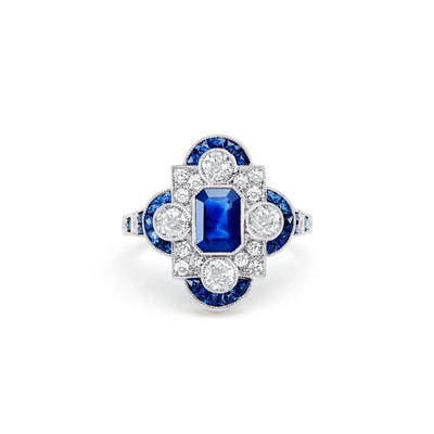 Art Deco Style Sapphire & Lab Created Diamond Engagement 14K White Gold FN Ring