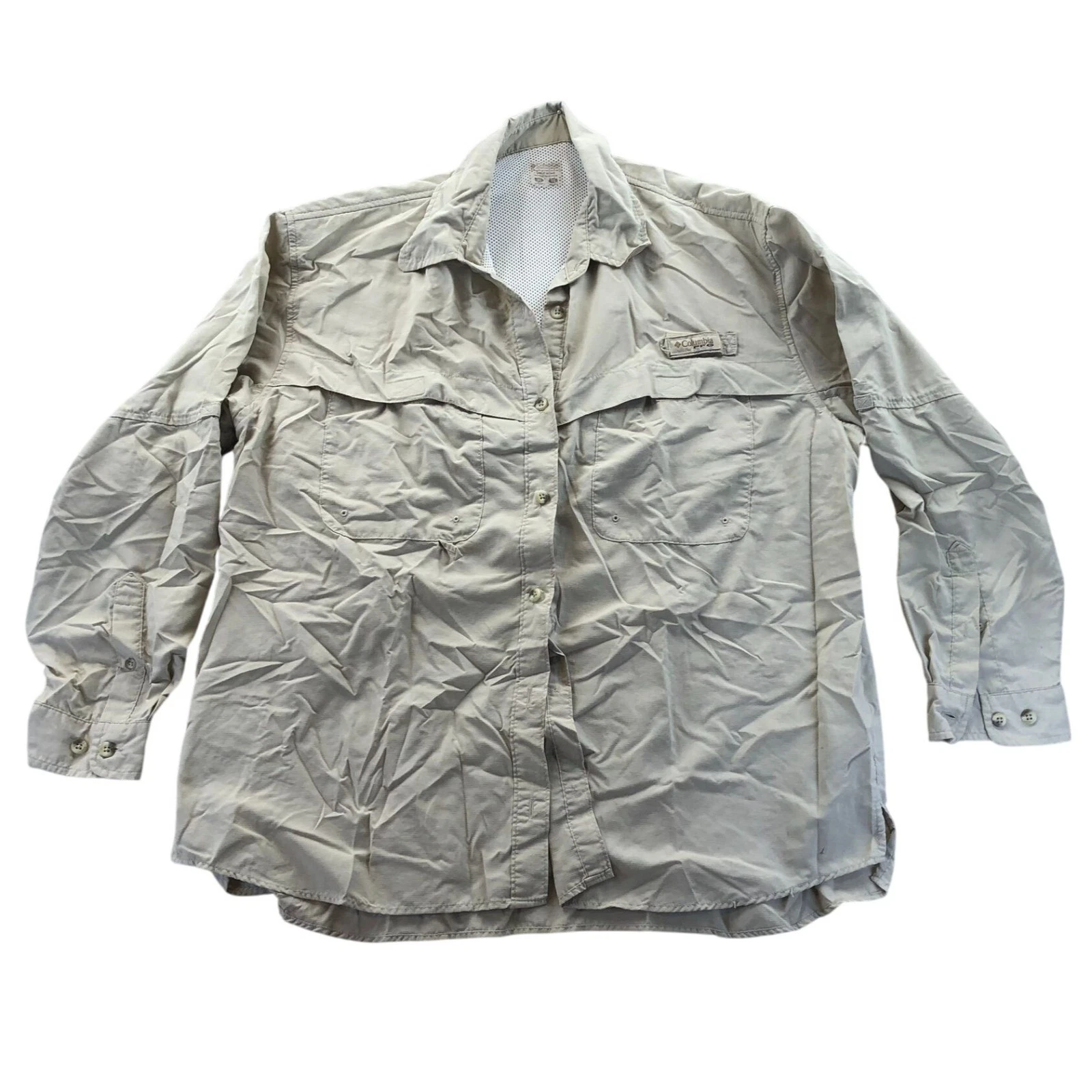 Columbia Women's PFG Fishing Shirt XL Beige Vented Long Sleeve Button Up Outdoor