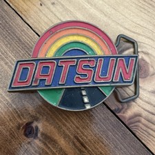 Vtg DATSUN Rainbow Road Belt Buckle UB Nissan CAR Badge Bronze RARE Good! Look!