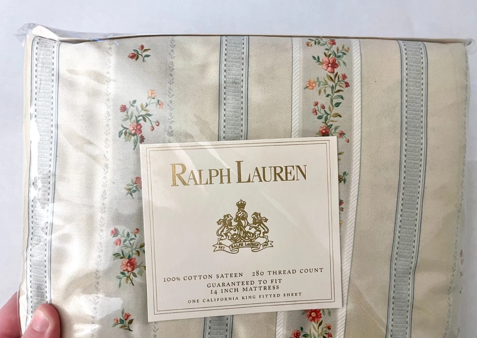 Sábana bajera vintage nueva en paquete Ralph Lauren Julianne California King satén Foto 4 de 4