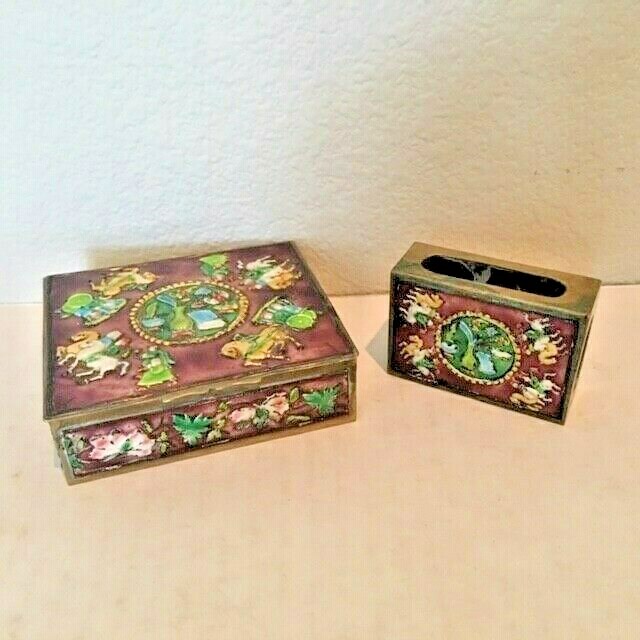 purple chinese cigarettes Asian Antiques,Tobaciana,Cigarette Box w/Match Box,Enamel,Purple,1900-1940, China