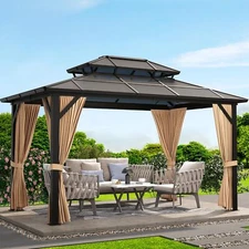 10'x13' Gazebo Hardtop Outdoor Double Roof Canopy with Curtains and Netting