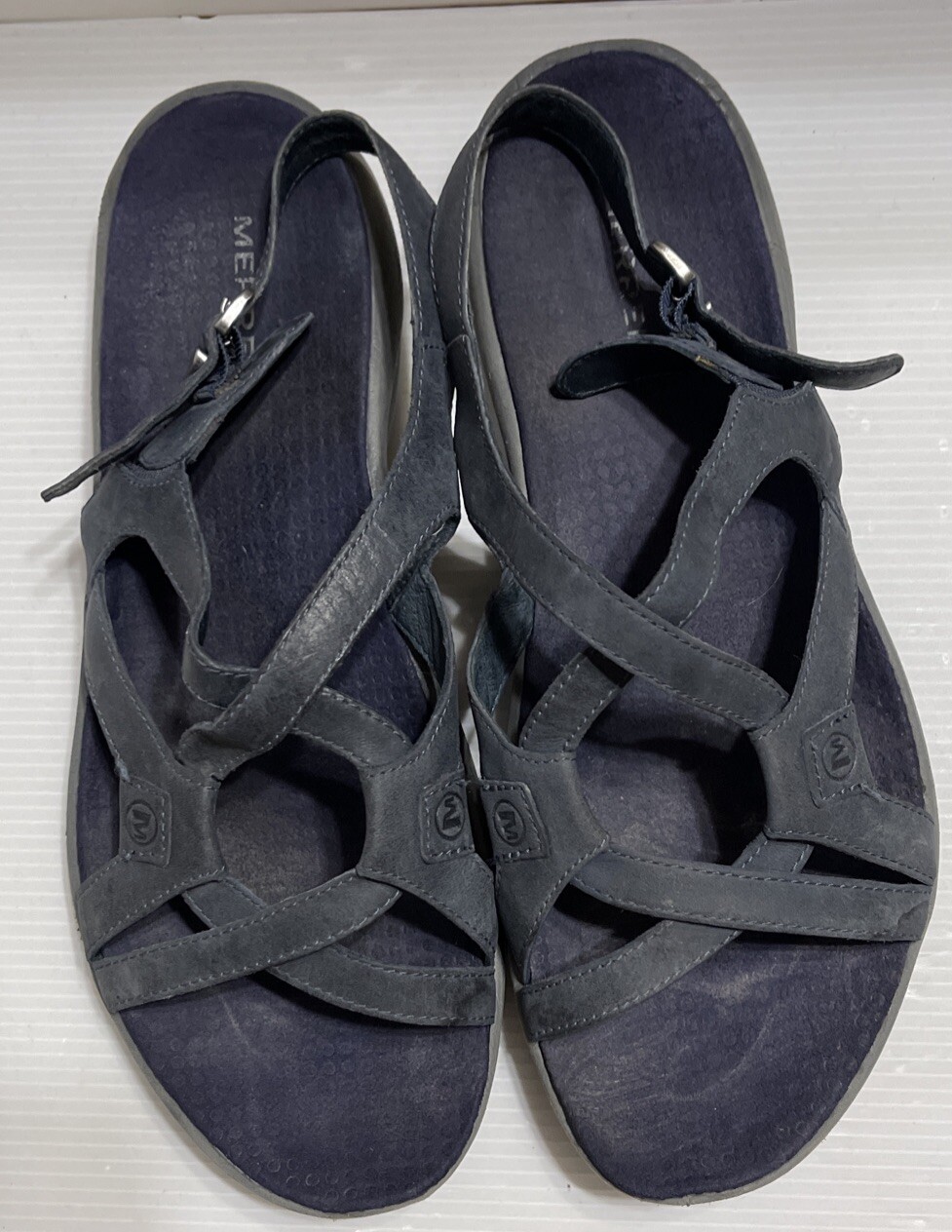 MERRELL sandali in pelle blu navy agave donna misura 9 cinturino fibbia scarpa
