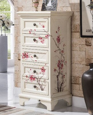 Hand Painted White Wood Floral Decor Accent Dresser Sock Drawer with 5 Drawers