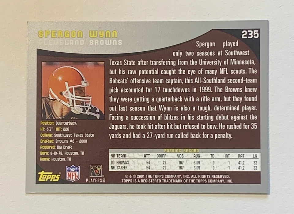 2001 Topps Spergon Wynn #235 Cleveland Browns - Image 2 of 2
