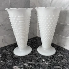 Anchor Hocking Trumpet Flower Vase Hobnail Milk Glass Set 2 Vintage Wedding
