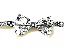 White Bow Tie with Black Skulls, Gothic Skull, Day of the Dead, Pre-Tied
