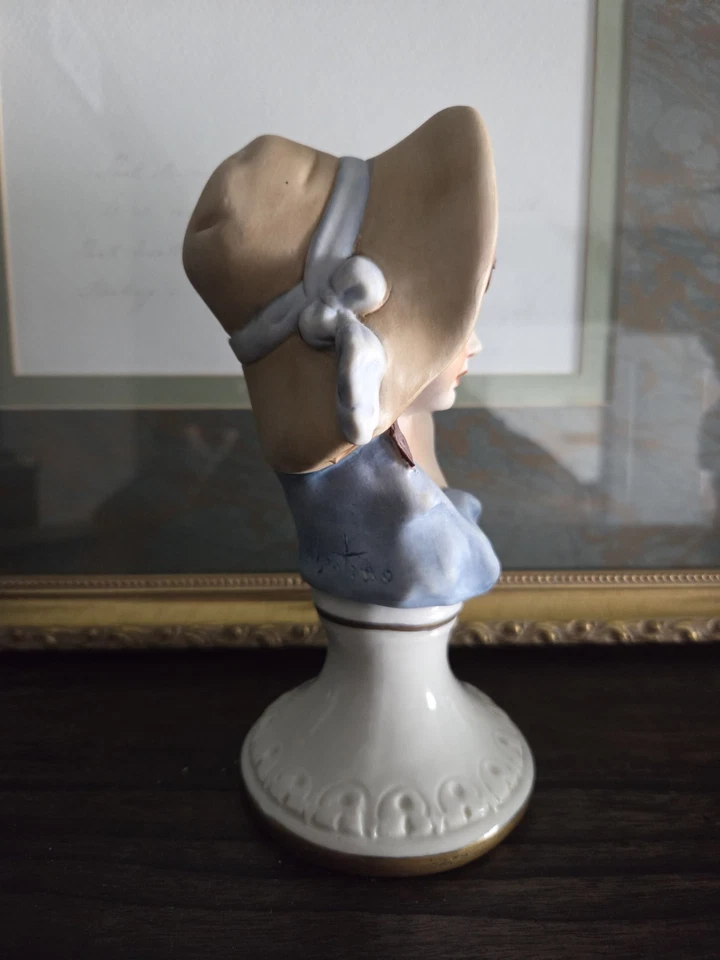 Vintage Capodimonte Pair Bust Figurines Boy & Girl W/ Hat on Pedestal Signed - Image 3 of 4
