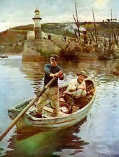 96yr Old Original STANHOPE FORBES 1929 Print Seascape LIGHTHOUSE NEWLYN Cornwall