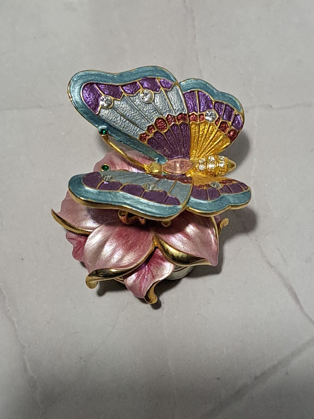 Jeweled Enamel Butterfly Dogwood Hinged Trinket Box Rhinestone miniature