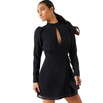 NWT Francesca s Mi Ami Black Keyhole Wrap Dress Chiffon Sheer Sleeves Large Mock