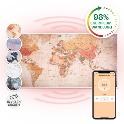 KLARSTEIN Calefacción por infrarrojos con termostato imagen 700 W mapa del mundo WiFi calefacción por infrarrojos pared