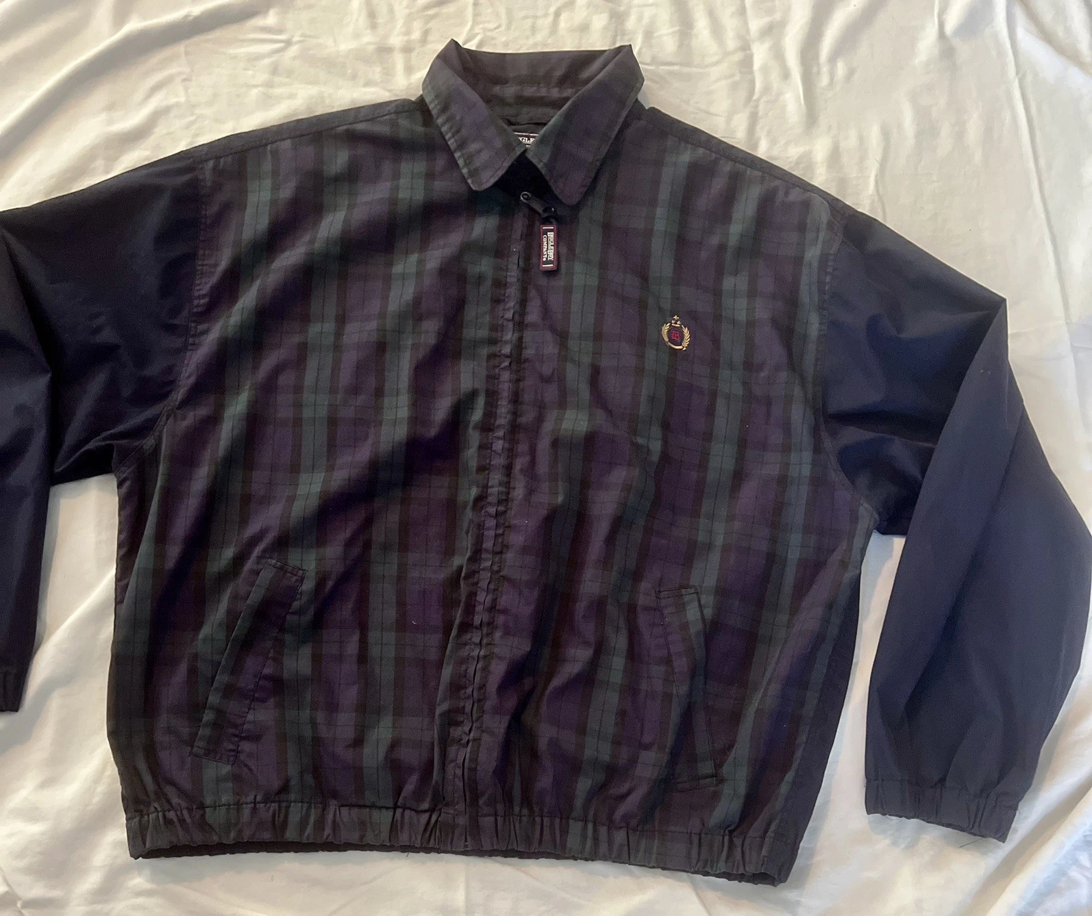VTG Bugle Boy blue/green plaid front, lined bomber Windbreaker men’s size L