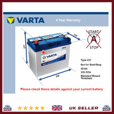 Battery fits HONDA CIVIC Varta 049 330A 45Ah 4Yr Warranty 238x129x227