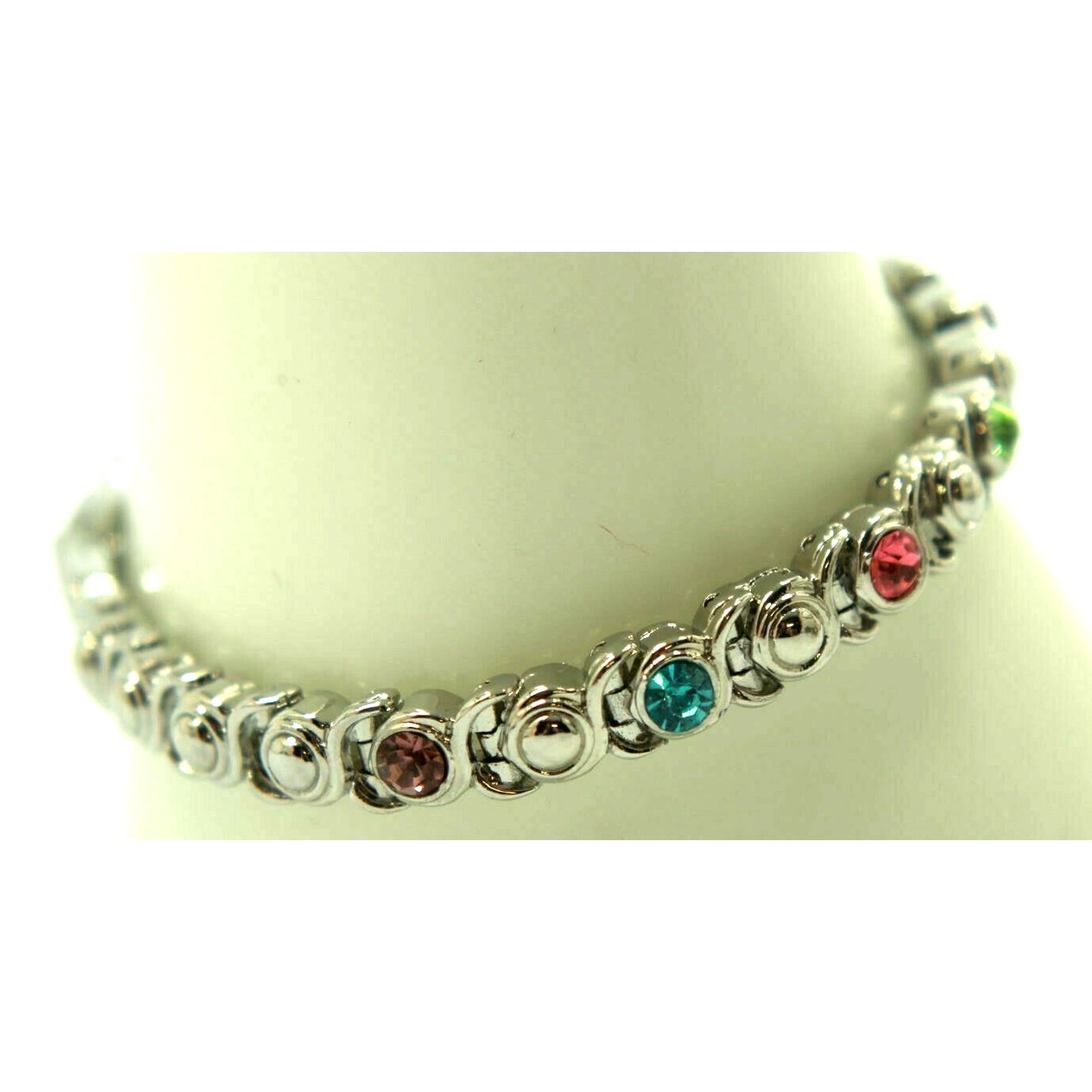 Silvertone Multi Colored Rhinestone Link Bracelet… - image 1