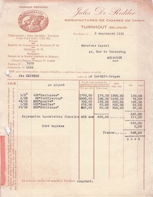 BELGIEN TURNHOUT Hersteller DE RIDDER JULES 1941 Zigarren