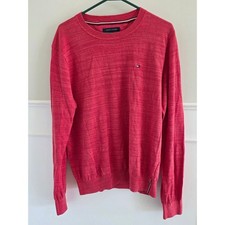 Tommy Hilfiger Men Crew Neck Long Sleeve Sweater Red Marled Knit Linen Size L