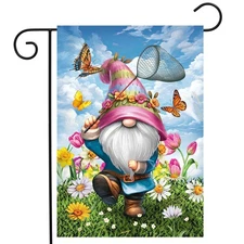 BRIARWOOD SPRINGTIME GNOME BUTTERFLY CATCHER FLOWER MINI GARDEN YARD FLAG NEW