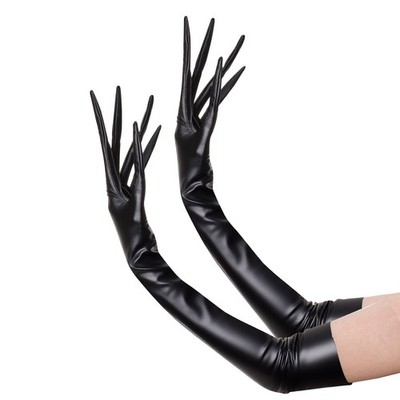 Sdfvsdg Women's Faux Leather Adult Long Gloves Wet Look Black Long, 