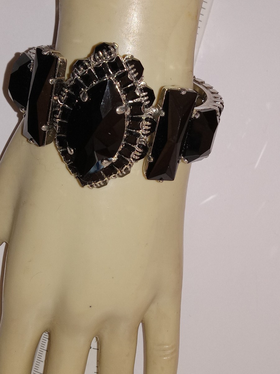 RODRIGO OTAZU RUNWAY SILVERTONE BLACK RHINESTONE CLAMPER BRACELET