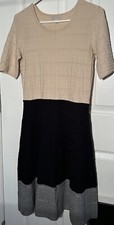 Minimalist Women's Knit Sweater Dress M Short Sleeve Black Tan Chris & Banks