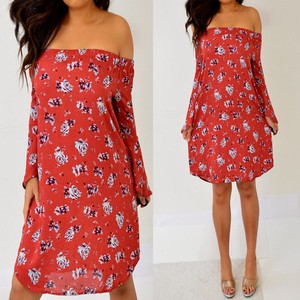 orange floral off the shoulder dress
