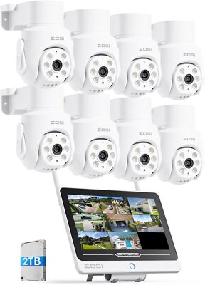 ZOSI 360° 5MP WLAN Überwachungskamera Set Außen 12''Monitor 2TB HDD WiFi 6 Audio
