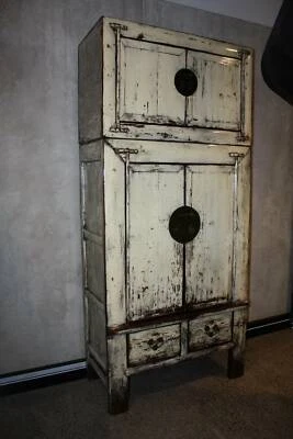 Two Piece Chinese Wedding Cabinet With Distressed Cream Lacquer