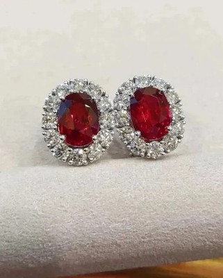 3.00Ct Oval Cut Lab Created Red Ruby Halo Stud Earrings 14K White Gold Plated