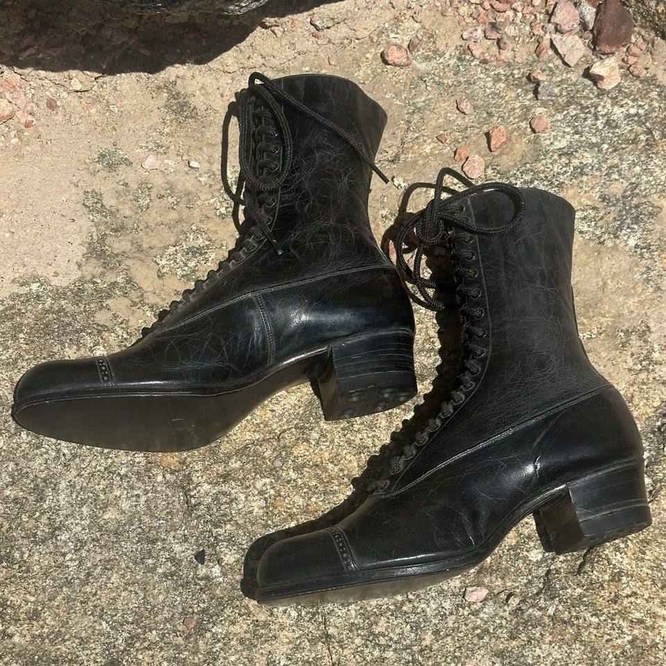 Antique 1900s The Shelby Shoes Co. Edwardian Black Leather Boots Size Small 6/7 - Image 2 of 4