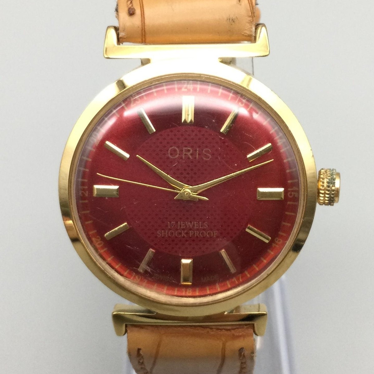 Vintage Oris Mens Watch 35mm Red Dial Gold Tone Manual Wind 17