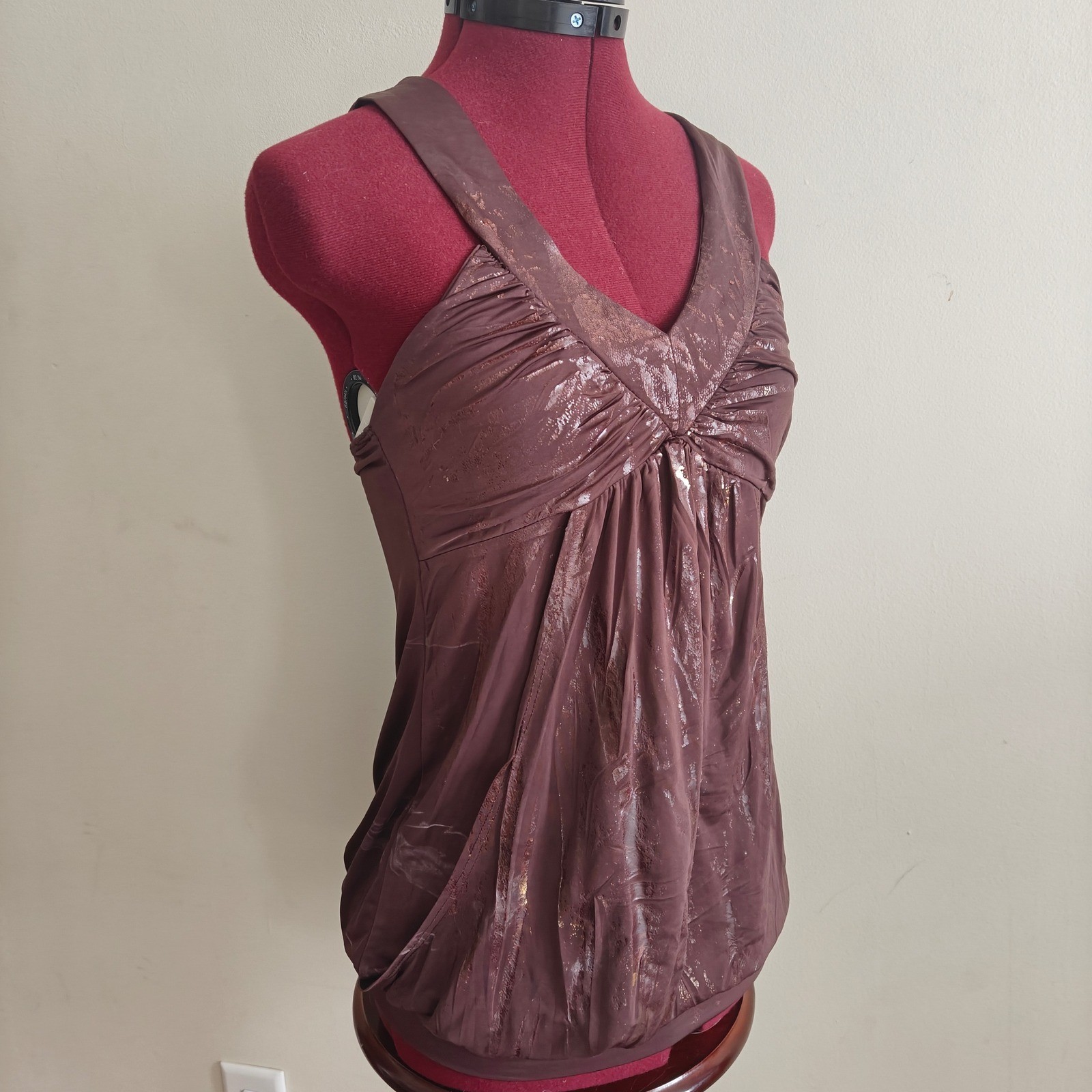 Voice Womens Y2K Tank Top Brown Gold 2000's Ruched Racerback pocket Size Large