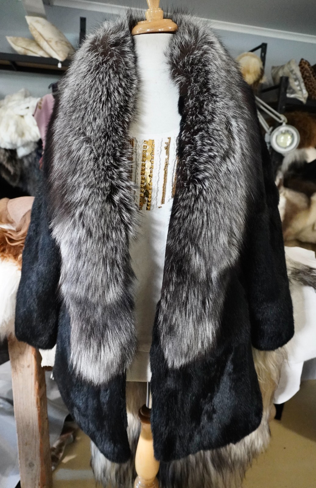 Black Beautiful & Timeless - A  Silver Fox Fur Trimmed Black Rabbit Fur Coat