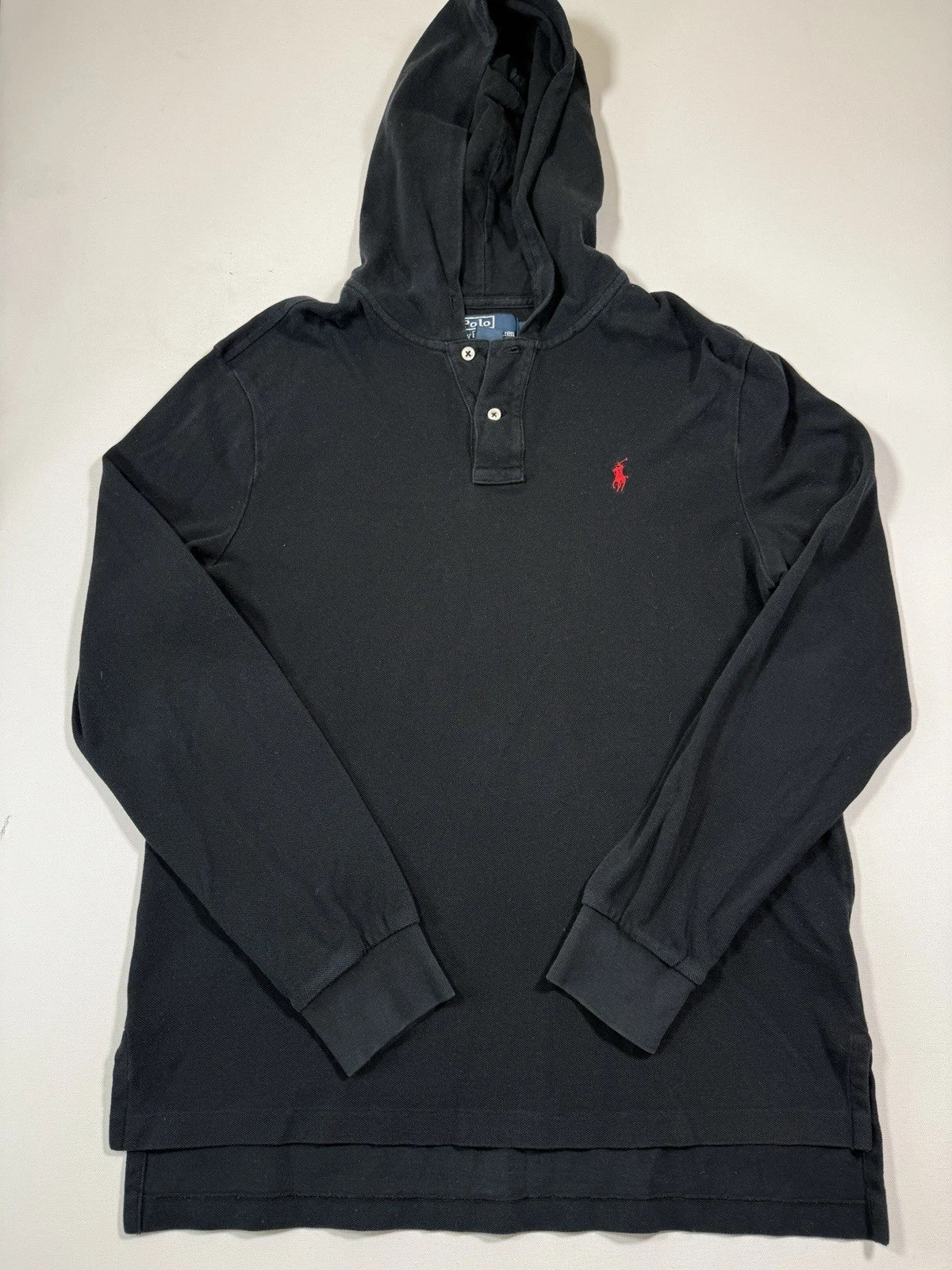 Polo Ralph Lauren Hoodie Mens Large Black Henley Thermal Knit Pullover Pony Logo
