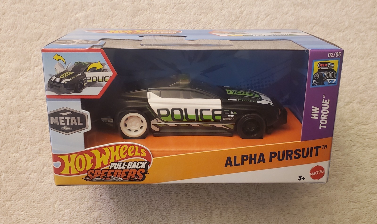 Hot Wheels 2025 ALPHA PURSUIT, Black, HW Torque, Police, Pull-Back Speeders