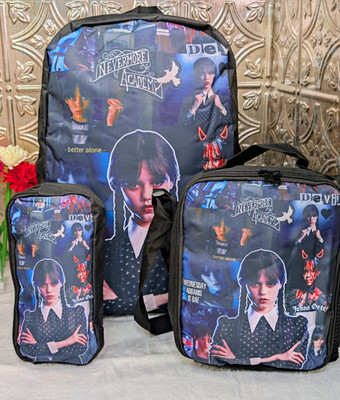 Wednesday Addams Nevermore Academy Backpack 3pc Set Lunch Bag Pencil Case