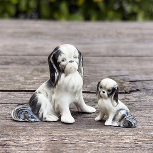 Vintage SPANIEL Mother & Puppy Pair Set Dog Porcelain Figurine Germany 1940's