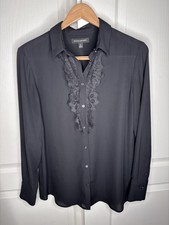 Banana Republic Black Sheer Lace Trim Blouse Button Up Sz M