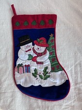 Vintage Embroidered Christmas Stocking Snowman Winter Present Tree Appliqu  Navy