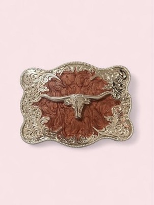 Decorative Longhorn Belt Buckle in Copper and Silver