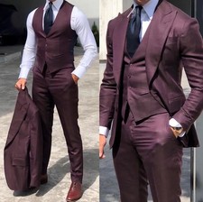 Men Burgundy 3 Piece Suit Peak Lapel Blazer Vest Pants Formal Wedding Suit Set