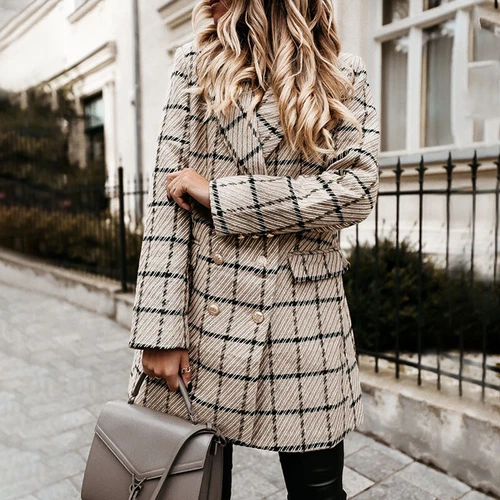 Women's Stylish Check Print Wool Blazer Coat Ladies Long Sleeve Collared Jacket - Picture 8 of 52