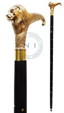 Brass Solid Vintage Designer Lion head Wooden Walking Stick Cane Antique Gift
