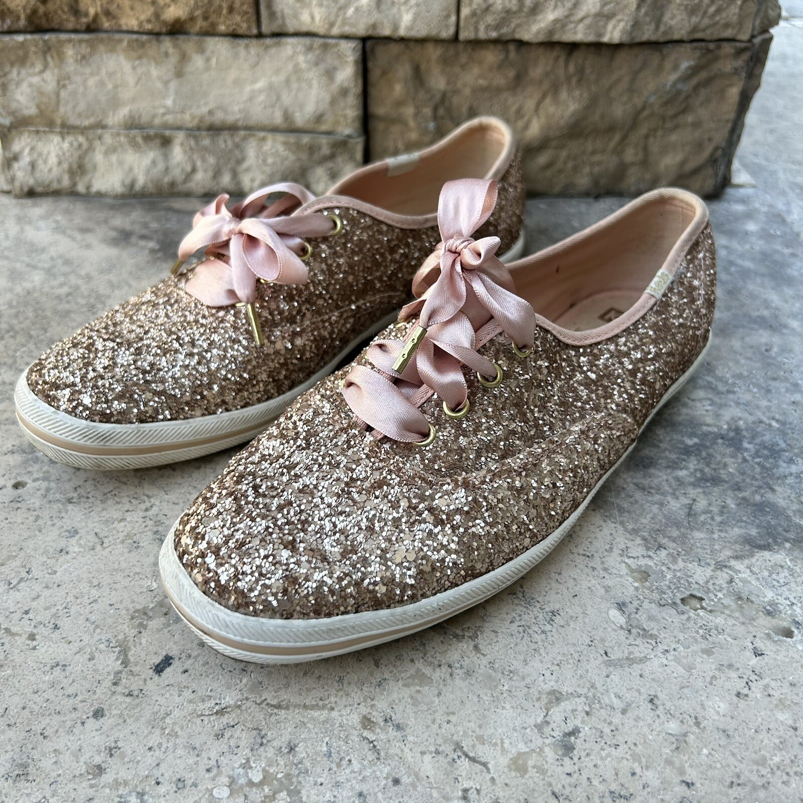 Keds Kate Spade Rose Gold Glitter Pink Satin Laces Sh… Gem