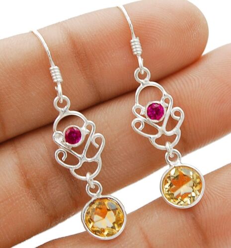 Natural Citrine & Rubellite Tourmaline 925 Sterling Silver Earrings @B9-1