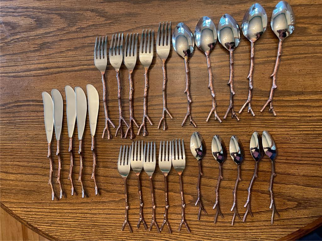 Pier 1 Twig Branch Arbor Bronze Stainless Steel Flatware 25 Pcs Service