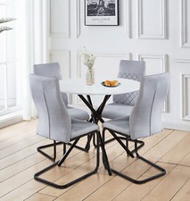 Dining Table Set, Small Round White Marble Effect Table & 4 High-back Chairs