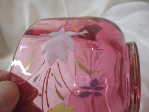 Antique Hand Blown paneled Cranberry Glass Bowl Hand Painted Flowers - Picture 4 of 5
